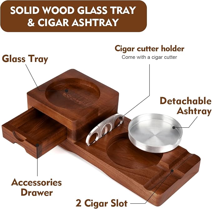 Scotte Ashtray Coaster Whiskey Glass Tray & Wooden Ash Tray with Cigar Cutter, Includes Drawer and Cigar Slot - Great for Home, Office or Outdoor Use (Deep Brown)