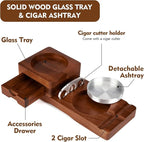 Scotte Ashtray Coaster Whiskey Glass Tray & Wooden Ash Tray with Cigar Cutter, Includes Drawer and Cigar Slot - Great for Home, Office or Outdoor Use (Deep Brown)