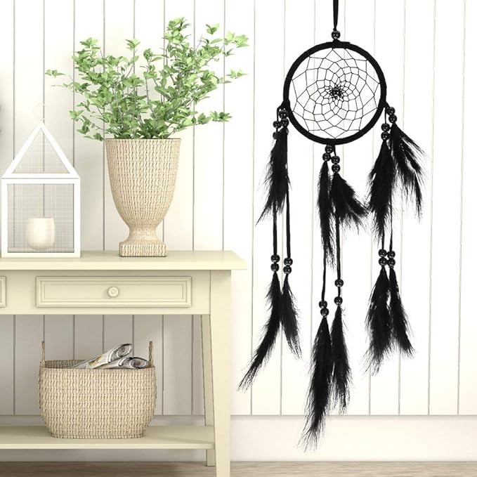 Native Indian Dream Catcher, Colorful/White/Black Dream Catcher with Feathers and Bead for Car Kids Bedroom Wall Hanging Decoration Ornament (Black)