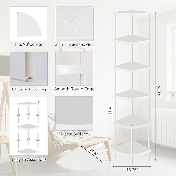 Qupui 6 Tier Corner Shelf Stand, 66” Tall Corner Bookshelf Multipurpose Shelving Unit, Plant Stand Display Rack Home Organizer Shelves for Bedroom Living Room, White