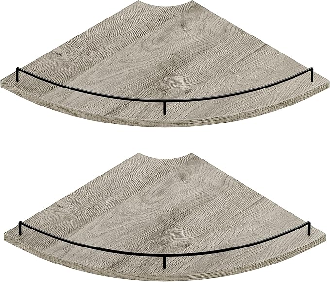 JJL Corner Shelf Wall Mounted, 12 Inches 2-Tier Floating Corner Shelf, Fan-Shaped Rustic Wood Decor with Fence, Gray Wood Grain Floating Shelves for Apartment Bedroom Kitchen Bathroom