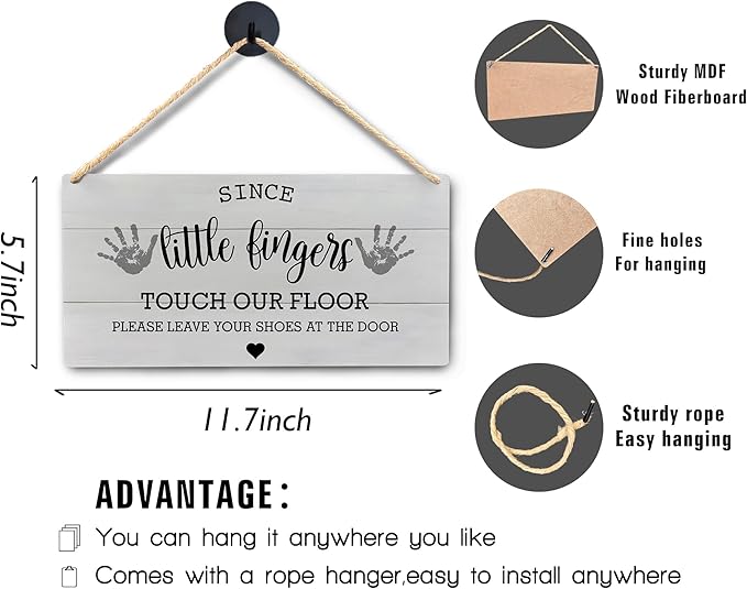 Wall Pediments Shoes Off Sign,Shoes Off Sign for Front Door,Since Little Fingers Touch Our Floor Door Sign,Shoes Off Hanging Welcome Sign for Front Door,12x6 Inches，Wood Grain-7
