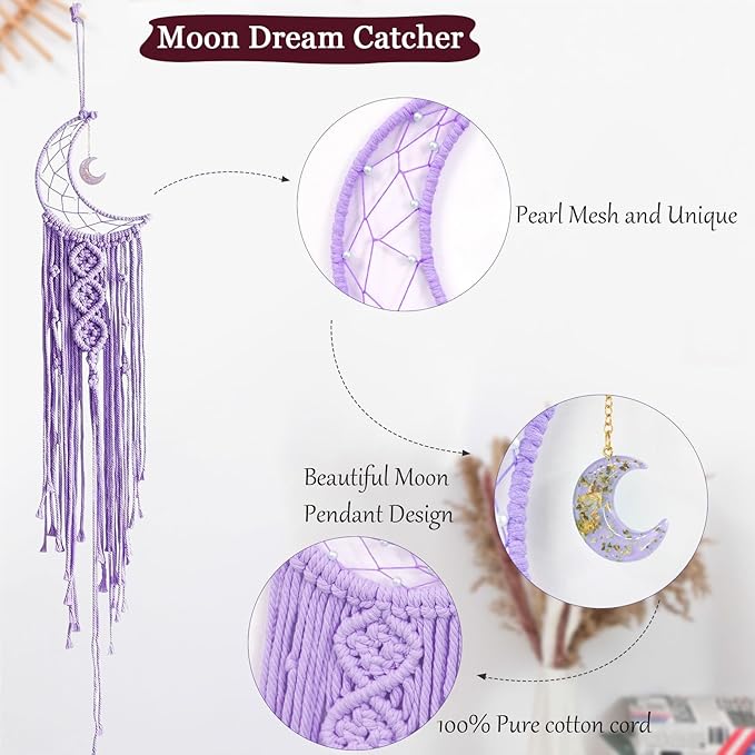 Moon Star Dream Catcher Decor,2pcs Boho Home Moon Star Dreamcatcher,Macrame Wall Hanging Boho Home Decor for Kids Baby Bedroom Decoration for Women Girls Craft Holiday Gifts Purple