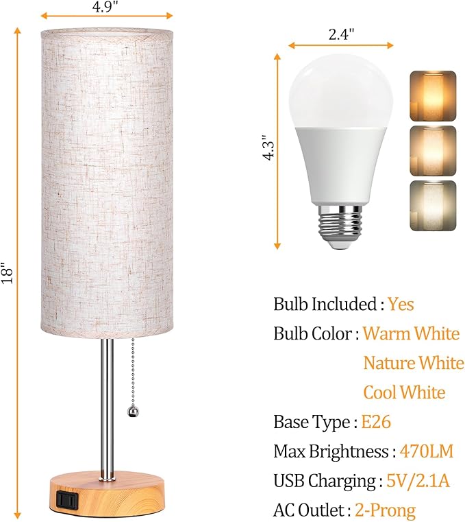 Dott Arts 18" Table Lamp for Bedroom, 3-Color Bedside Lamps with Pull Chain, Bedroom Table Lamps for Nightstand,AC Outlet Small Lamp for Living Room, Bulb Included Wood