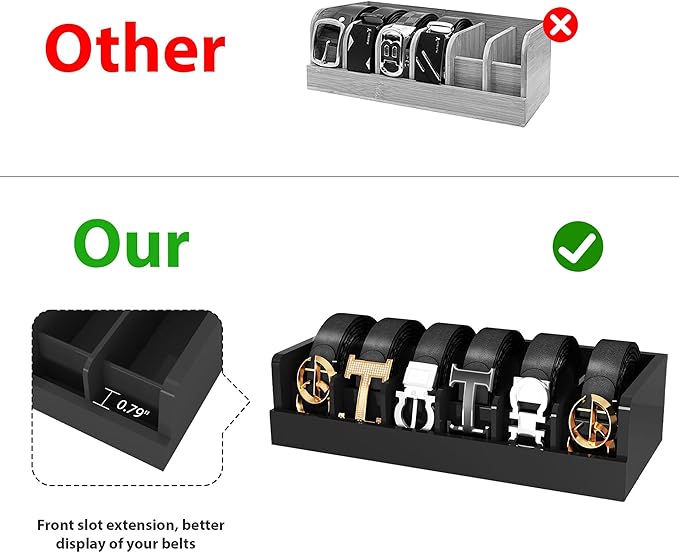 Belt Organizer for Closet - 6 Grids Black Bamboo Belt Storage Organizer Racks for Men Women's Drawer, Belt Display Holder Wall Mount with 2 Pcs Tie Clip