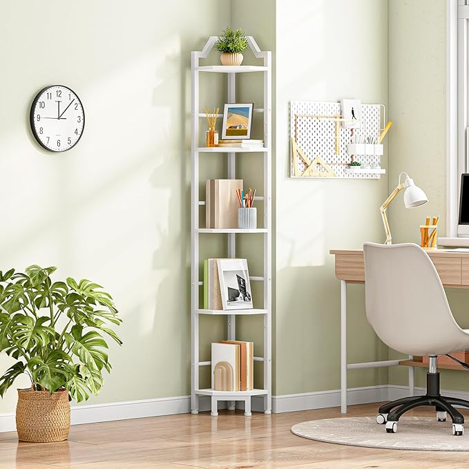 HOOBRO Narrow Corner Shelf Stand, 5-Tier Corner Shelf, 63” Tall Multipurpose Corner Bookshelf, Standing Display Shelf Plant Stand, for Living Room, Study, Kitchen, White WW100CJ01
