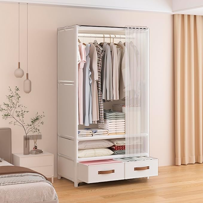 Portable Closet,Portable Closets for Hanging Clothes,Japanese Style Wardrobe Clothing Rack with 2 Drawers,1 Hanging Rods and 2 Storage Shelves,27.5" L x 17.7" W x 65.1" H,White