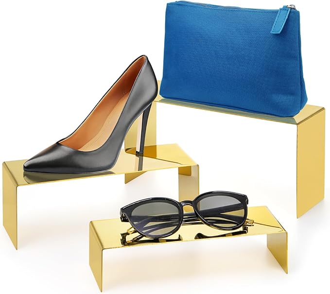 Hedume Set of 3 Shoe Handbag Display Stand, Gold Stainless Steel Purse Display Risers, Countertop Risers for Perfume Handbag Shoe Jewelry Holder
