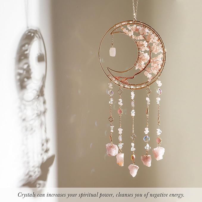 Pink Gemstone Dream Catcher 7 Chakras Tree of Life Moon Dream Catchers with Healing Crystal Stones Handmade Suncatcher Dreamcatcher Wall Decor for Adults Living Room,Bedroom,Garden,Bless Gift