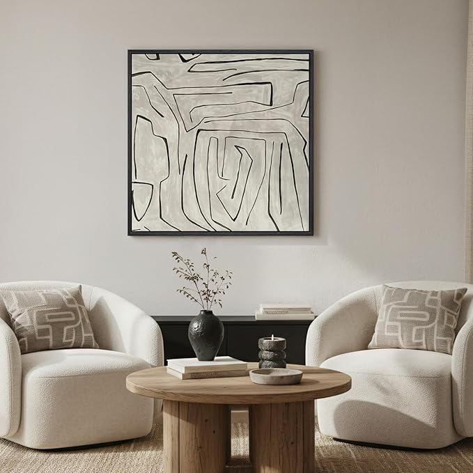 Framed Black and Beige Neutral Abstract Wall Art, Square Modern Canvas Prints Painting Artwork for Walls, Minimalist Abstract Line Picture for Bedroom Dining Lounge Living Room Wall Decor 24x24 In