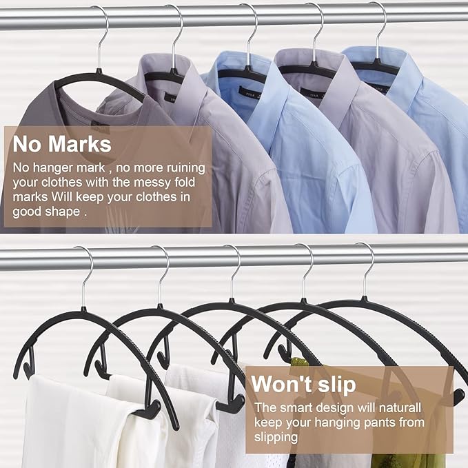 Ergonomic Curved Plastic Hangers 50pack - No Shoulder Bump Design, Non-Slip Grip for Delicate Fabrics, Heavy Duty Clothes Hangers, Holds Up to 11lbs - Ideal for Silk, Coats & Winter Wear(Black)