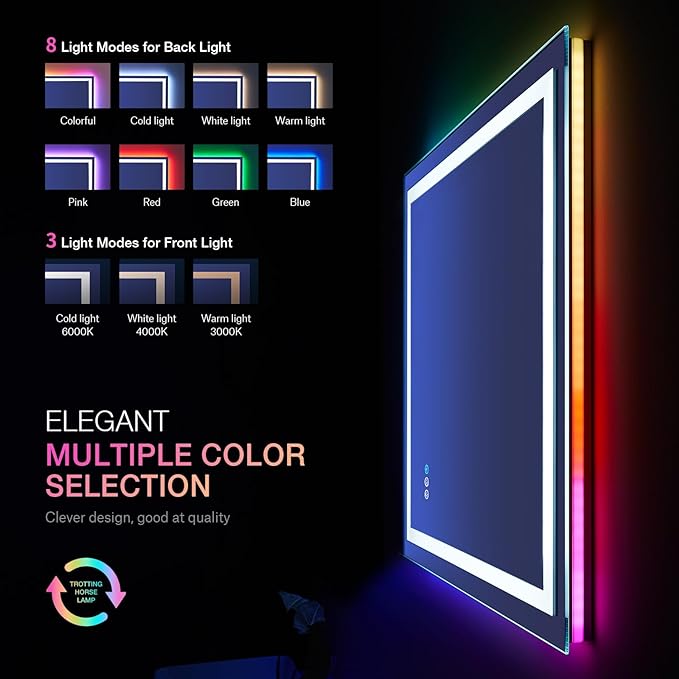 LOAAO 20"X28" LED Bathroom Mirror with Lights, Anti-Fog, Dimmable, RGB Backlit + Front Lighted, Bathroom Vanity Mirror for Wall, Memory Function, Waterproof, Tempered Glass