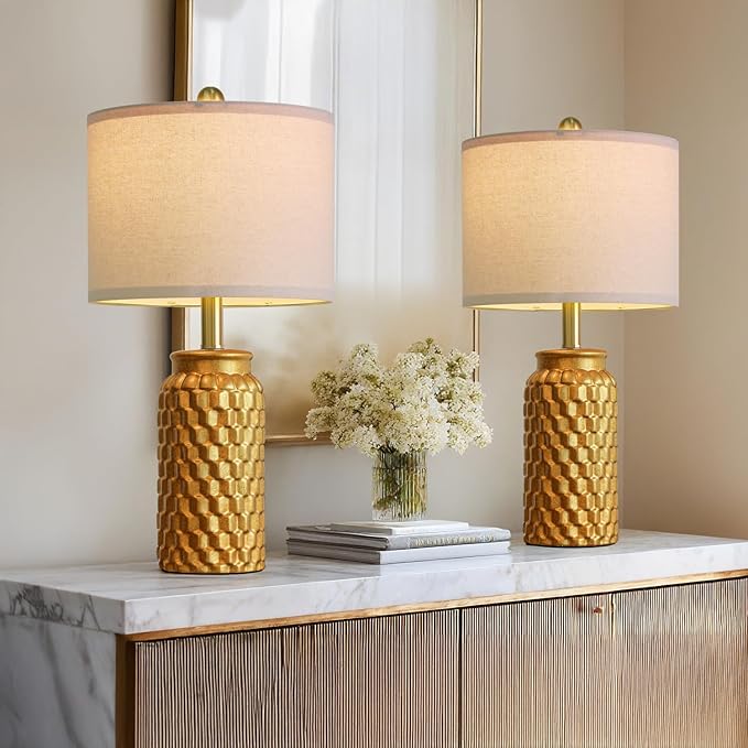 USumkky 20.5" Gold Modern Ceramic Bedside Lamp Set of 2 for Bedroom Decor Farmhouse Table Lamp for Living Room Office Dorm
