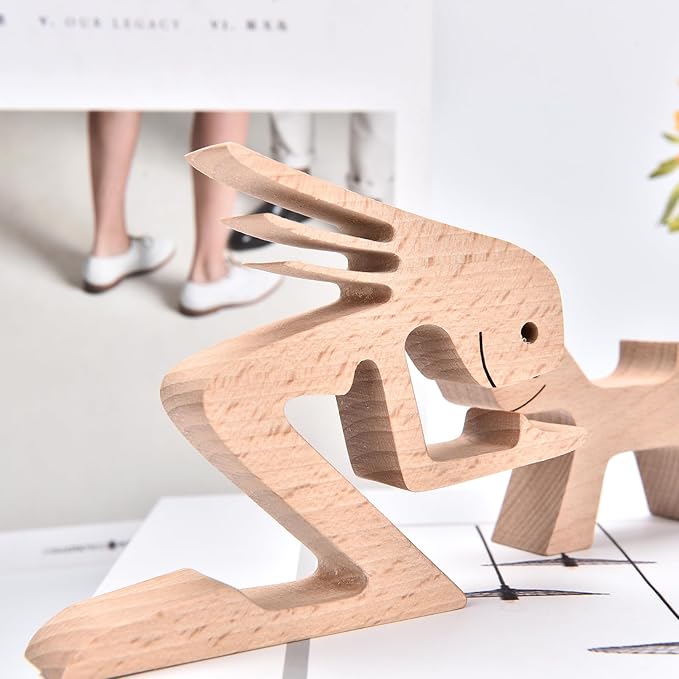 ISHINE Wood Decor Wooden Statue Man and Dog Figurine Handmade Carved Creative Home Office Gift for Men Women Accents Decoration Natural ECO Friendly 7x3 inches (A-Woman Kisses Dog)
