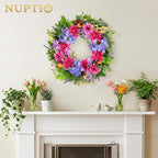 NUPTIO Summer Wreath for Front Door: 24 Inch Spring Wreaths with Hydrangea Lavender Lilac Dahlia Gerbera Hanger - Outdoor Indoor Realistic Artificial Flowers Holiday Decor for Wall Window Porch