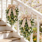 2 PCS 22" Artificial Green Eucalyptus Teardrop Swag for Front Door Greenery Swag Spring Summer Olive Kitchen Cabinet Wreath with White Berry for Farmhouse Home Porch Wall Window Festival Wedding Decor