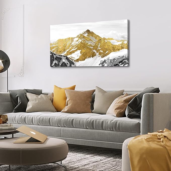 Large Golden Mountain Wall Art Abstract Black and Gold Mountain Wall Decor Nature Snowy Mountains Hill Landscape Canvas Paintings Pictures Modern Artwork Prints Living Room Office Decorations 24x48”