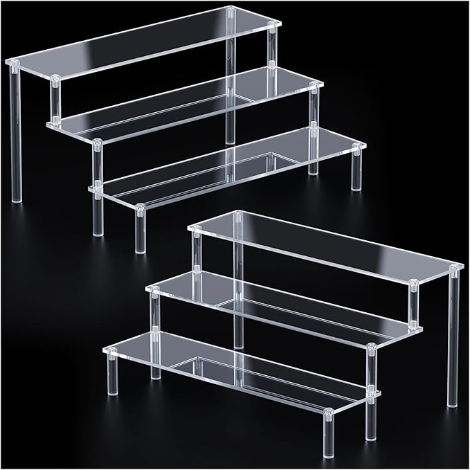 2 Packs Acrylic Display Stand Riser,3 Tier Perfume Organizer Cupcake Stand Acrylic Pop Shelves Holder,Clear Desk Display Shelf for Figure,Trinket,Collectibles,Dessert Stands for Party Decor-11.6in