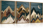 BINCUE Framed Mountain Wall Art Landscape Wall Decor Moon and Nature Artwork Mountains Wall Pictures Nature Landscape Art Prints Rustic Mountain Paintings for Farmhouse Bedroom Living Room Office 16x24 Inches Set of 3