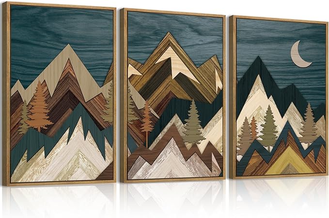 BINCUE Framed Mountain Wall Art Landscape Wall Decor Moon and Nature Artwork Mountains Wall Pictures Nature Landscape Art Prints Rustic Mountain Paintings for Farmhouse Bedroom Living Room Office 16x24 Inches Set of 3