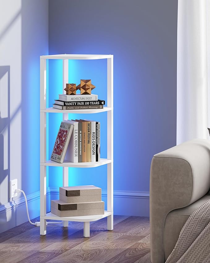 TUTOTAK Corner Shelf, 4-Tier Corner Bookshelf for Small Space, Narrow Display Corner Shelf Stand with Storage Rack, for Living Room, Bedroom, White BS08BW004L