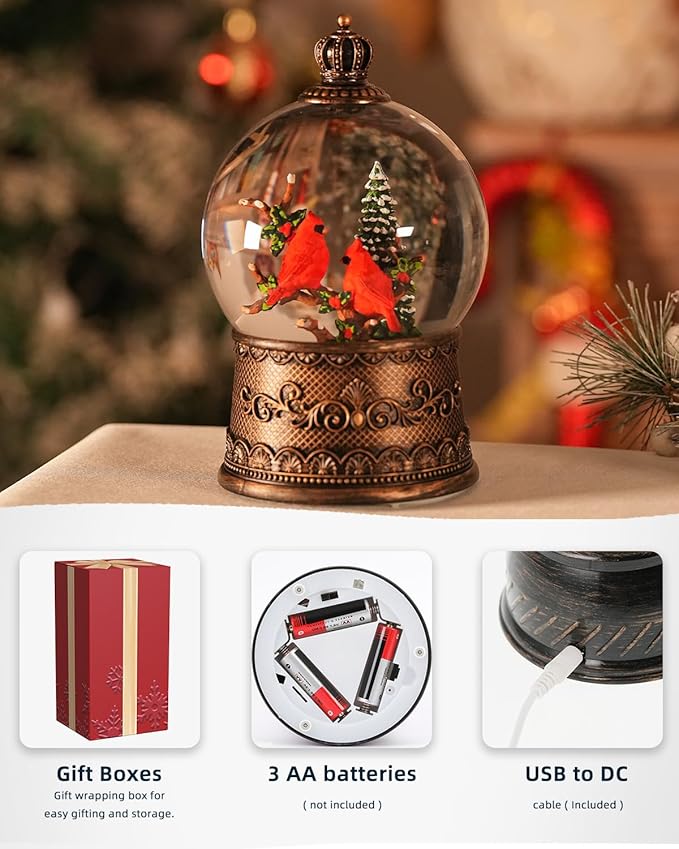 Cardinal Snow Globe, Lighted Christmas Snow Globes with Timer, Swirling Musical Glittering Snowglobe Lantern for Christmas Decorations(Cardinals)