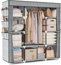 VTRIN Portable Closet Wardrobe for Hanging Clothes 57.3 Inch Large Capacity Clothes Rack with Cover, 10 Storage Organizer Shelves, 1 Hanging Rods and 6 Pockets, Free Standing Closet, Printing
