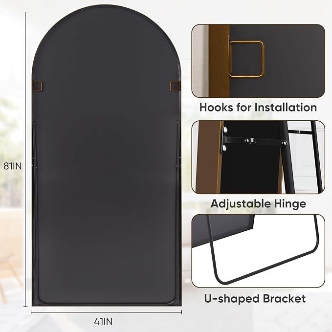 Antok 81" x 41" Full Length Mirror, Floor Mirror Arched Window Decorative Mirror, Metal Framed Decor Farmhouse Floor Mirrors Art Pane Mirrors Wall Decor for Bedroom, Living Room, Entryway Black