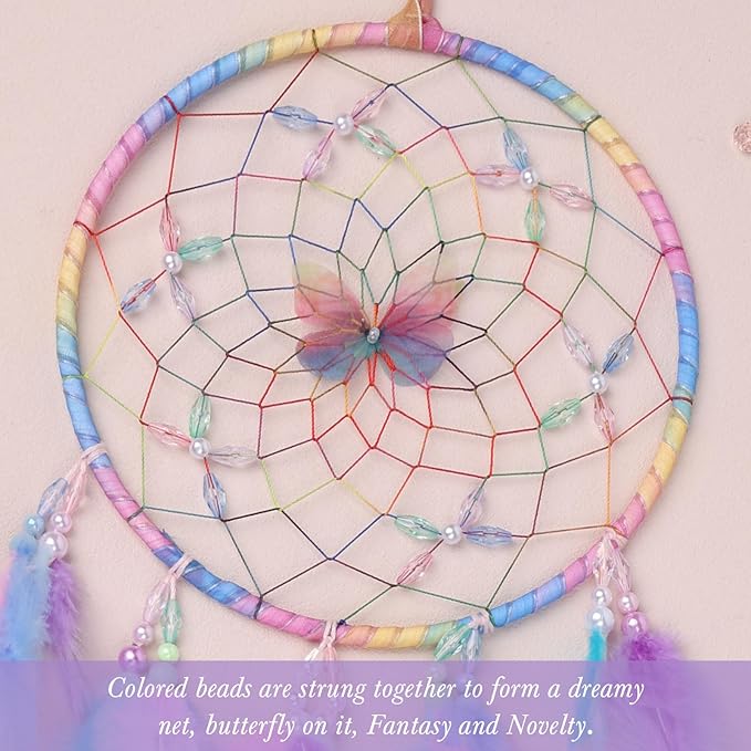 Pretty Jolly Dreamy Girls Butterfly Dream Catcher Wall Decor Fairy Colored Feathers Baby Dreamcatcher Handmade Home Décor Wall Hanging for Nursery Bedroom Girls Birthday Gift