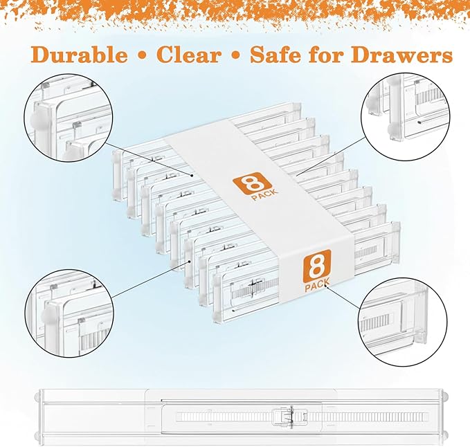 Acrylic Drawer Dividers for Clothes, Adjustable 11–20.8 Inch Expandable Deep Dresser Drawer Dividers, Clear Drawer Separators for Baby Clothes, Underwear, Kitchen, Office & Home Storage