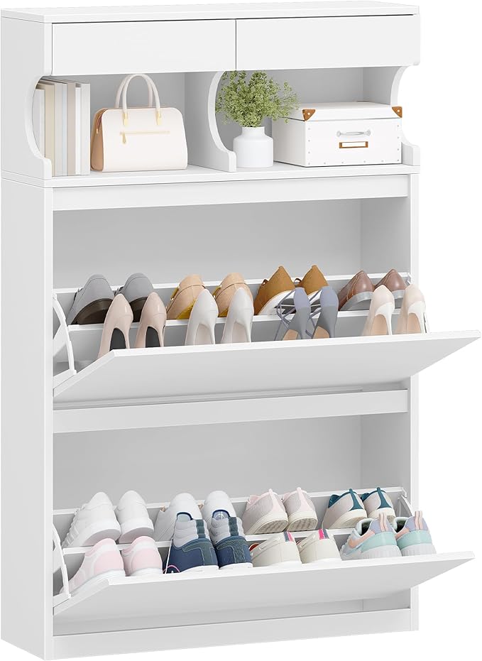 Shoe Cabinet with 2 Flip Drawers & 2 Top Drawers, Narrow Hidden Shoe Storage Cabinet for Entryway, Freestanding Shoes Organizer with Storage Space, 12-16 Pairs, for Hallway, White SR45303X