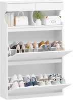 Shoe Cabinet with 2 Flip Drawers & 2 Top Drawers, Narrow Hidden Shoe Storage Cabinet for Entryway, Freestanding Shoes Organizer with Storage Space, 12-16 Pairs, for Hallway, White SR45303X