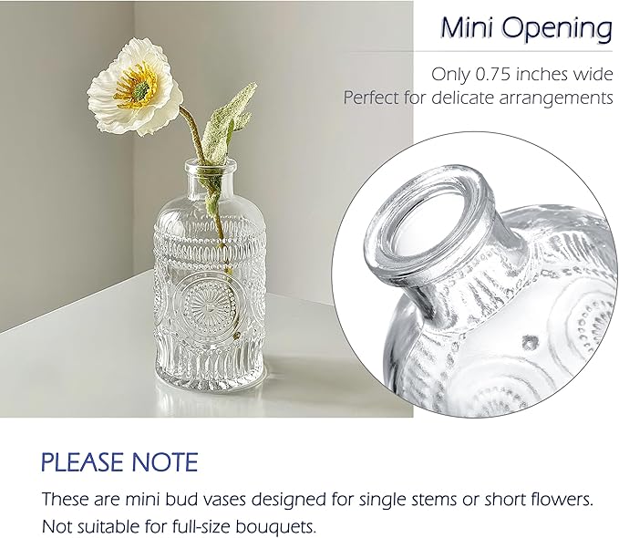 Kingrol 12 Pack Mini Glass Bud Vases, Small Clear Flower Vases for Single Stems, 4.9 Inch Vintage Embossed Bottles for Home Shelf, Bathroom & Desk Decor