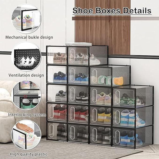 12 Packs Clear Plastic Shoebox With Magnetic Door, Large(13" × 9" × 5.6") Stackable Shoe Box Storage With Lids, Multifunctional Sneaker Containers, Toy Storage, Space-Saving Shoe Rack Black