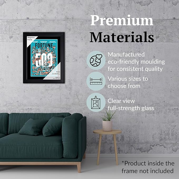 Creative Picture Frames 11.25 x 14 Magazine Frame with Full-Strength Glass, Holds Up To A 1/4" Thick Media with Installed Hangers for Easy Mounting, 12x15 Black Frame with Black Mat
