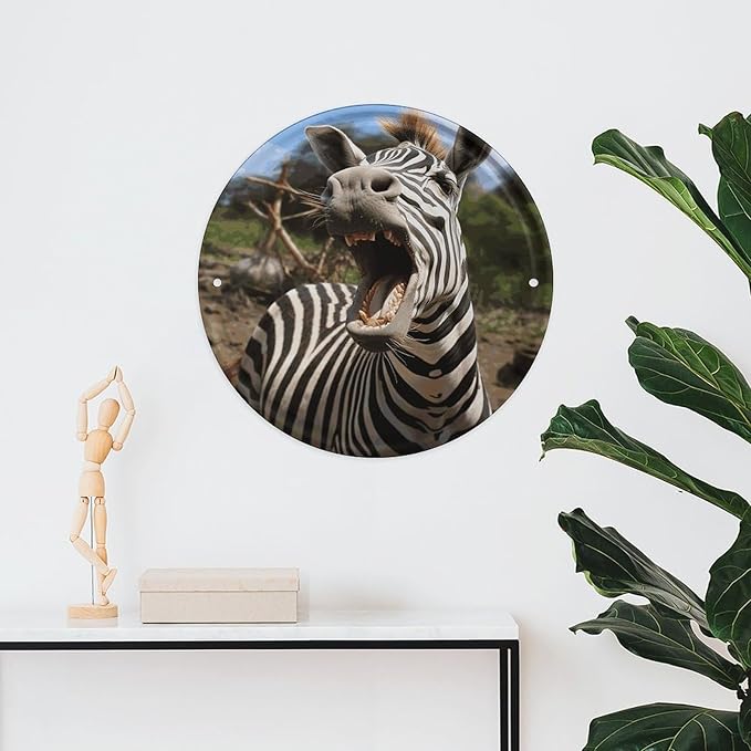 Wall Picture, with Funny Zebra Printed Circular Iron Hanging Picture,Wall Art Decor,Home for Bedroom Living Room Bathroom Decor,Iron Painting 11.8X11.8 in
