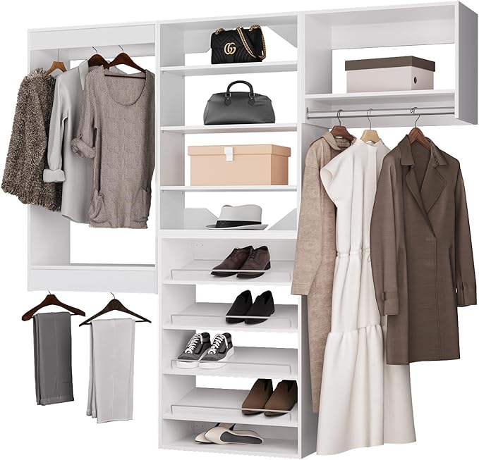 ROOMTEC Modular Closet System, 90" Wall Mounted Modern Closet Organizer with Hanging Rods and Shoe Shelf, Wooden Tower for Walk-In Closets, Wardrobe Storage Kit, White