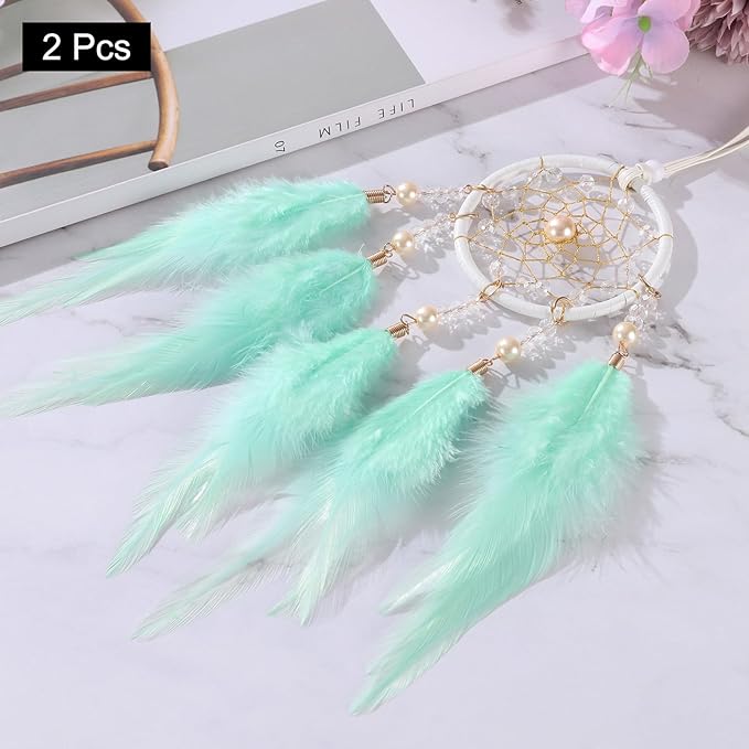 uxcell 2pcs Dream Catchers, Small Handmade Feather Dreamcatcher Supplies Car Charm with Crystal Beads Wall Hanging Decor for Home Car Decoration Ornament Women Friend Gift, Green