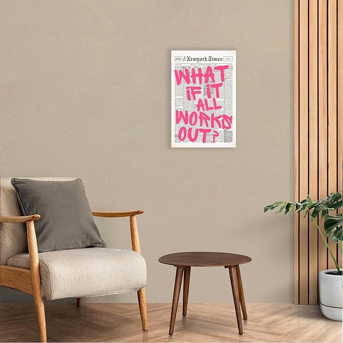 Drimiler Retro Newspaper Pink Font Poster What If It All Works Out Canvas Wall Art Positive Affirming Quote Minimalist Prints Painting For Home Bedroom Dorm Wall Decor 12x18in Wframed