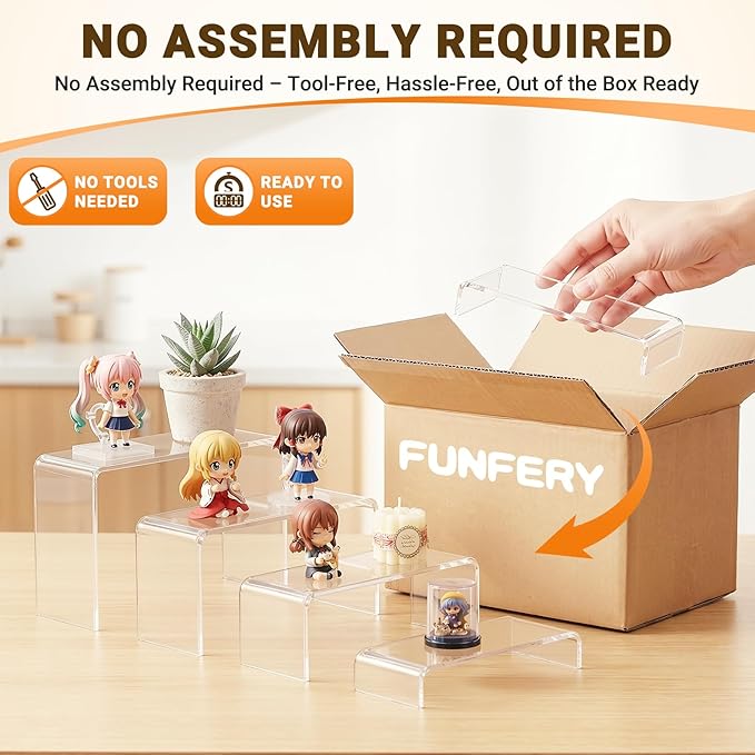FUNFERY Acrylic Display Risers, 2 Set(7.8" L~8.2" L~8.6" L~9”L) Display Shelf for Figure, Collectibles, Cupcake, Clear Acrylic Stands for Dessert, Jewelry, Candy Showcase, 4 Tier Action Figure Stand