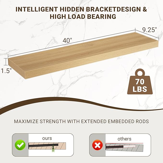 Acovy 40 Inch Floating Shelves, 3D Textured Wood Grain, 40"x9.25"x1.5" Inch Deep Floating Shelves for Wall, Wooden Shelves for Bathroom, Bedroom, Living Room, Natural, 1 Piece