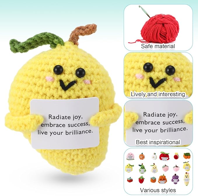 VioraWhite 18 Pcs Crochet Dolls Bulk Positive Handmade Knitted Emotional Fruit Dolls with Encouragement Cards for Employee Appreciation Gifts, Coworker Team Building Keepsakes
