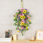 2 Pcs Spring Swags for Front Door, 23.6" Artificial Floral Teardrop Swags with Sunflowers Daisies Lavender, Spring Porch Decor Swag for Farmhouse Wall Window Cabinet Easter Decorations
