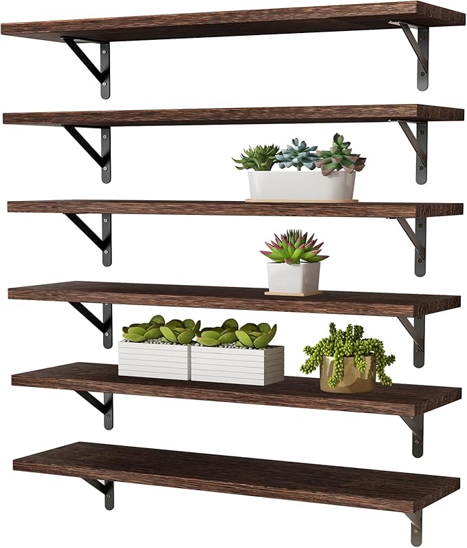 YGEOMER 23.6 Inch Floating Shelves for Wall, Farmhouse Wall Shelves for Bedroom, Bathroom Storage, Living Room and Kitchen Decor (Set of 6 Brown)