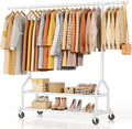 EAGMAK Heavy Duty Clothes Rack Load 556 LBS, Rolling Clothing Rack With Shelves, Height Adjustable Metal Clothes Hanger with Wheels Portable Wardrobe Organizer Garment Rod for Hanging Clothes (White)