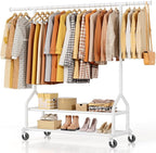 EAGMAK Heavy Duty Clothes Rack Load 556 LBS, Rolling Clothing Rack With Shelves, Height Adjustable Metal Clothes Hanger with Wheels Portable Wardrobe Organizer Garment Rod for Hanging Clothes (White)