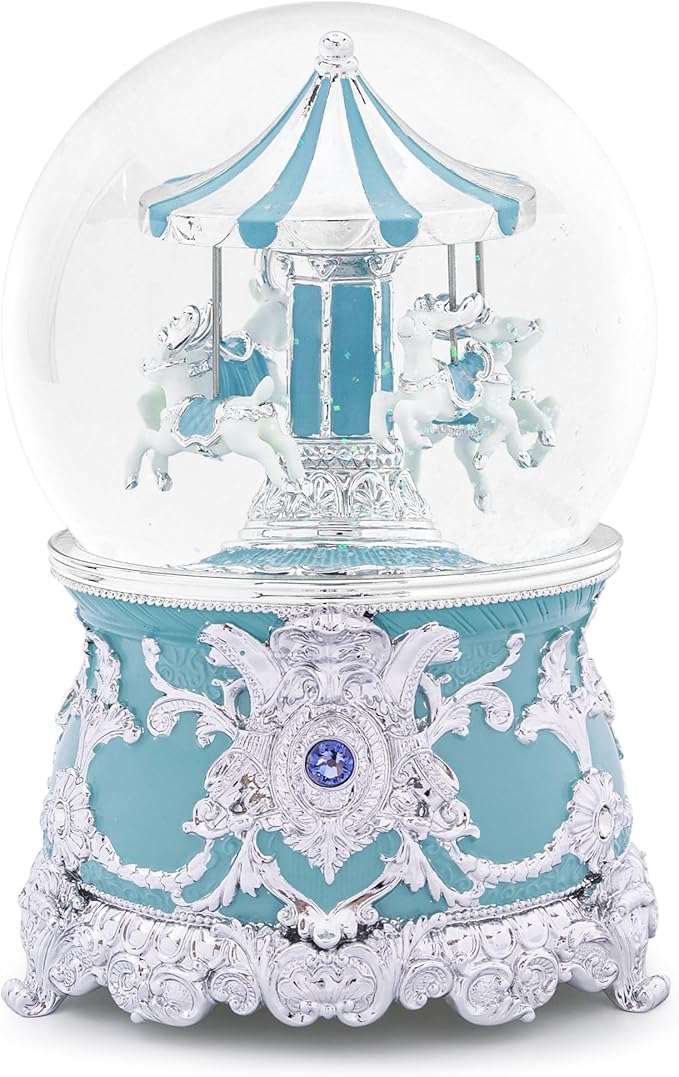 Carousel Music Box Moose Silver & Turquoise Christmas Snow Globes, 7.1" Rotate Carousel Snow Globe for Kids & Adults, Classic Wind up Musical Snow Globe Valentines Day Gifts for Women Girls Home Decor