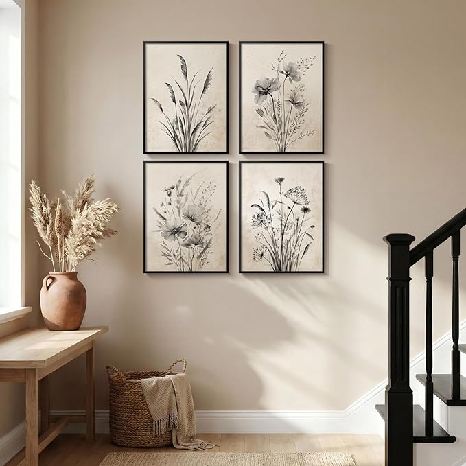 Framed Vintage Botanical Wall Art, 4 Piece Neutral Rustic Boho Floral Canvas Painting Prints for Modern Farmhouse, Black and White Flower Pictures for Living Room Bedroom Dining Room Wall Decor, 12x16