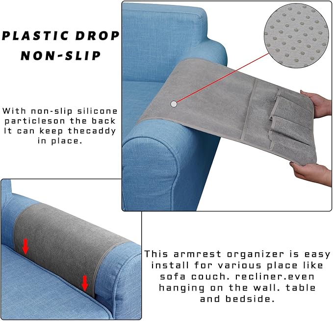 NB Sofa Armrest Organize Remote Holder Bedside Caddy Organizer With 5 Pockets，Non-Slip Couch Remote Control Holder Couch Armchair Caddy Accessories (Gray, 35''X18'')