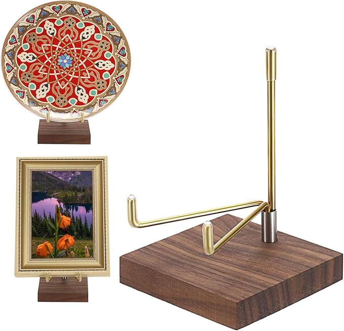 Hipiwe 2Pcs Adjustable Metal Arms Display Stand with Wooden Base Rock Display Stand Easel Decorative Plates Display Easel Holder for Gemstones Fossils Minerals Agate Plates Collectibles, 3.1"x3.1"